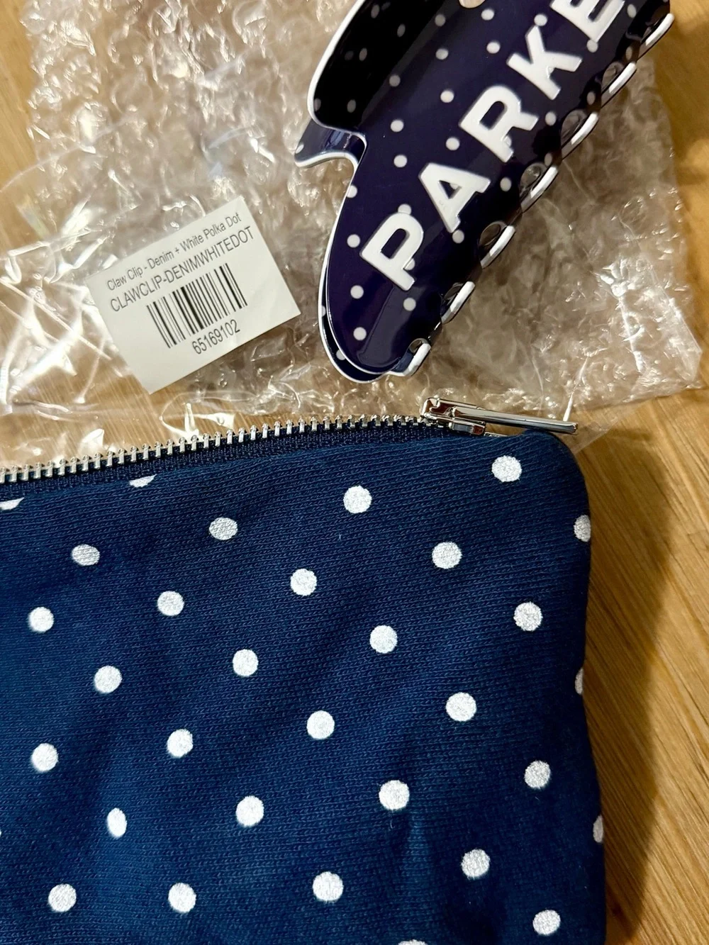 Parke Navy Polka Dot Hair Clip and Matching Zip Pouch